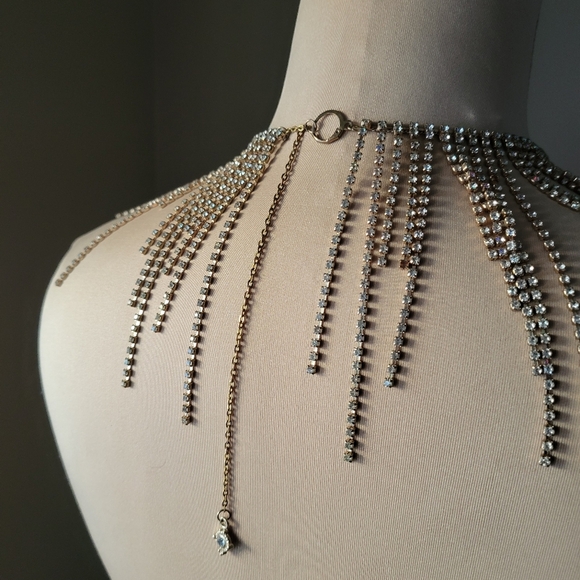 Sparkly Gold & Crystal Tassel Fringe Statement Choker Necklace - Picture 10 of 10